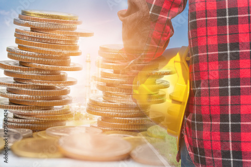 double exposure of engineer and workers security with money coin stack on oil refiner background, business concept photo