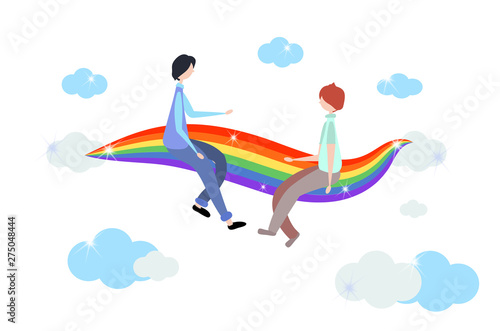 Homosexual symbols. Two men are sitting on a rainbow among the clouds. Rainbow striped coloring in gay pride flag. Concept of same-sex homosexual relationships of bisexual, gay and lesbian. Vector