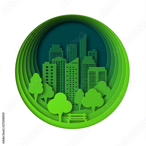 Paper style art landscape in the city in the park. Layered design outdoor recreation. Bench by the tree. Abstract green background of the round form with skyscrapers and trees.