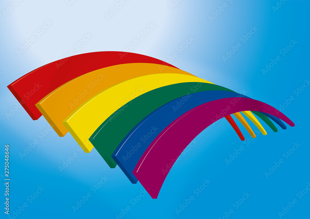 The pride LGBTQ rainbow. Available on blue sky or plain white backgrounds, and in 3 variations: 3D, flat bands, thin bands.