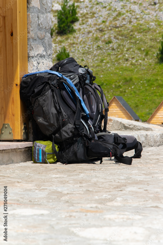 Close up of touristic backpack, sport adventure equipment