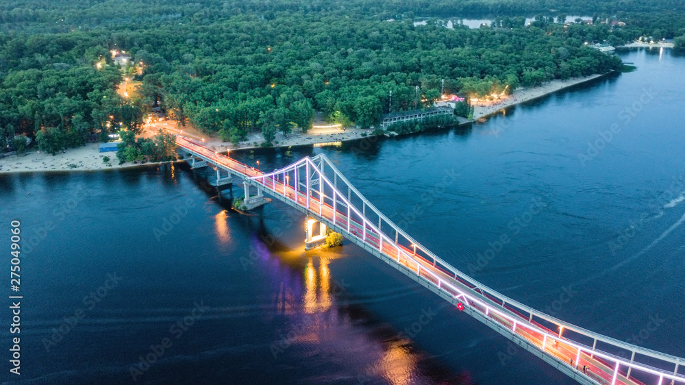 pedestrian and bicycle bridge. touristic place. Kiev, Ukraine. drone shot, bird's-eye, aerial view