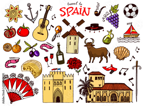 Spanish traditional symbols and objects. Set of signs and icons in vintage style. Hand Drawn. Guitar, futbol, music and wine.