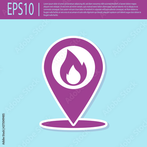 Retro purple Map pointer with fire flame icon isolated on turquoise background. Fire nearby. Vector Illustration