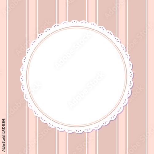 Retro photoframe, spare place in round frame isolated on striped pink or purple background. Vector poster template with ornamental gentle napkin