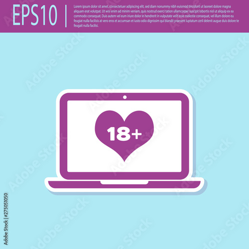 Retro purple Laptop computer with 18 plus content heart icon isolated on turquoise background. Age restriction symbol. 18 plus content sign. Adult channel. Vector Illustration