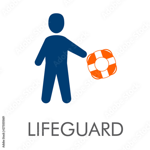Logotipo abstracto con texto LIFEGUARD con hombre con salvavidas en azul y naranja