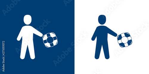 Logotipo abstracto LIFEGUARD con hombre con salvavidas en azul y blanco