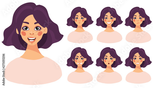 A set of different female emotions. The head of a young girl with dark hair and different emotions on her face. Avatar girl. Cartoon style, flat design vector illustration.