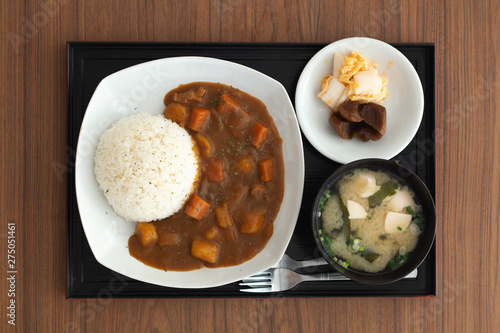 Curry rice , Japanese food on wooden table