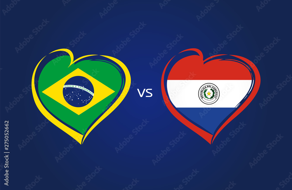 Brazil vs Paraguay, national team soccer flags on blue background. Brazilian and Paraguayan flag in heart, logo vector. Football world championship of the competition Copa America 2019