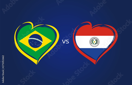 Brazil vs Paraguay, national team soccer flags on blue background. Brazilian and Paraguayan flag in heart, logo vector. Football world championship of the competition Copa America 2019