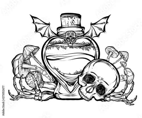 Halloween. Vector illustration. Potion, skull, mushrooms, bones. Handmade, prints on T-shirts, background white, tattoos