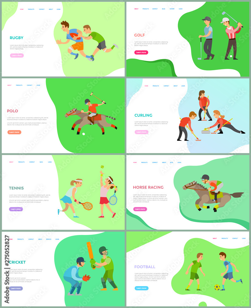 Polo and tennis game vector, british sports and competitions woman playing together using rackets and balls, racing and curling, cricket football. Different types of english sport