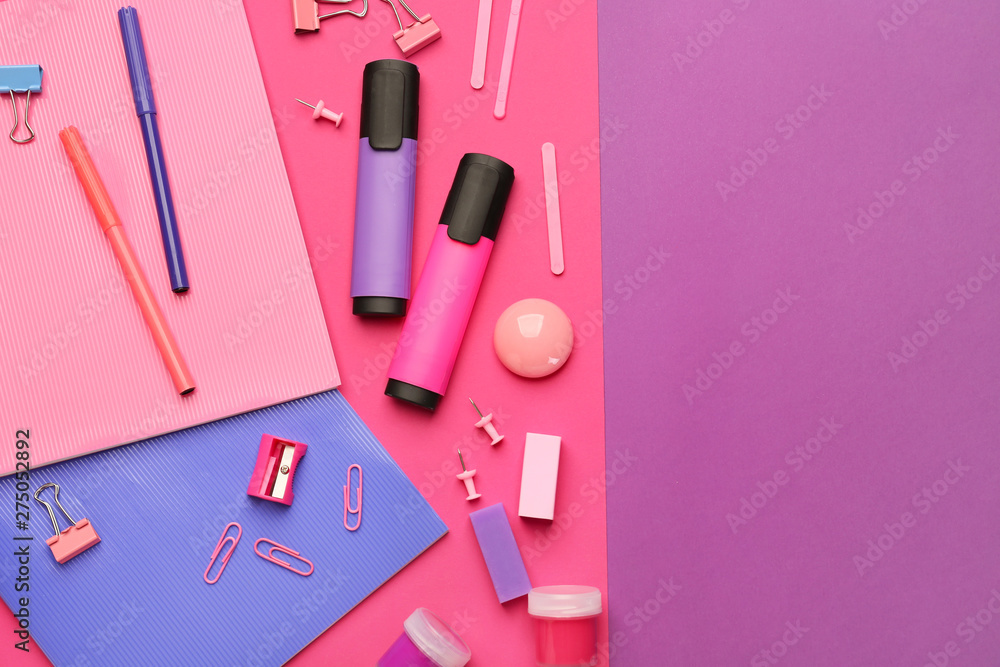 Set of school supplies on color background Set of school supplies on color background