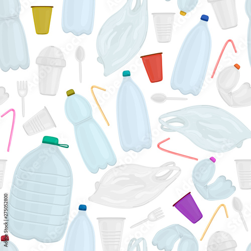 Vector seamless pattern with plastic objects. Stop ocean pollution. Waste in water. Garbage underwater. Environmental Protection. Bottle, plastic cup and bag, disposable tableware. Wrapping, header