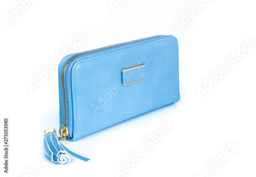 Closeup modern blue color woman wallet on white background