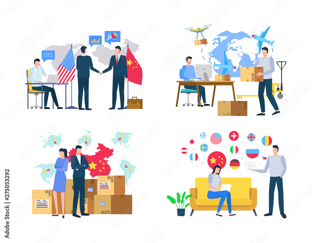 Worldwide delivery of boxes, man and woman workers in office with laptop and goods, transportation in China, USA and other countries, international vector