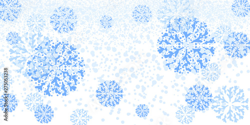 Snowflakes falling on a white background. Light blue snowflakes in hand-drawing style for the design of a winter theme. Background for Christmas cards, fabrics, packaging.