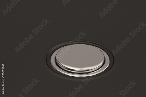 Big steel button on black background. 3D illustration.
