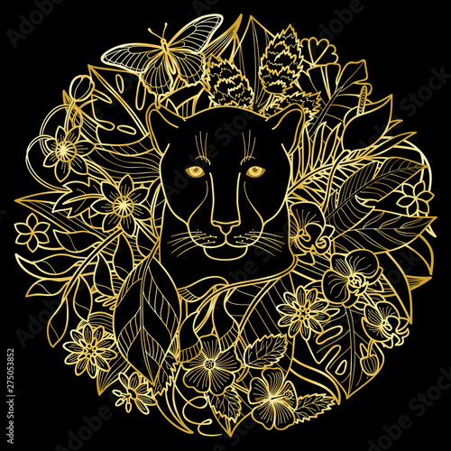 A Panther and Plants Golden Tropical Pattern