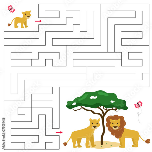 Maze game for children. Help the lioness find right way to his family, lion pride. Cute cartoon African animals characters.
