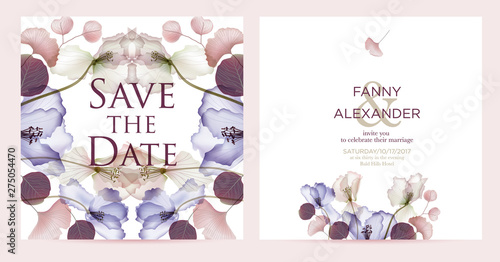 Wedding invitation card with spring flowers. Invitation concept with place for text. Vector illustration