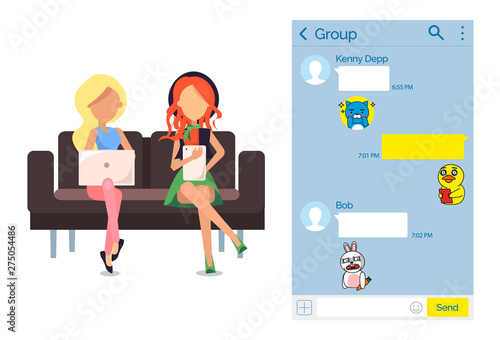 Girls on couch with laptop and tablet using kakao talk Korean messenger vector. Chat or dialog interface, modern gadgets application, texting and stickers