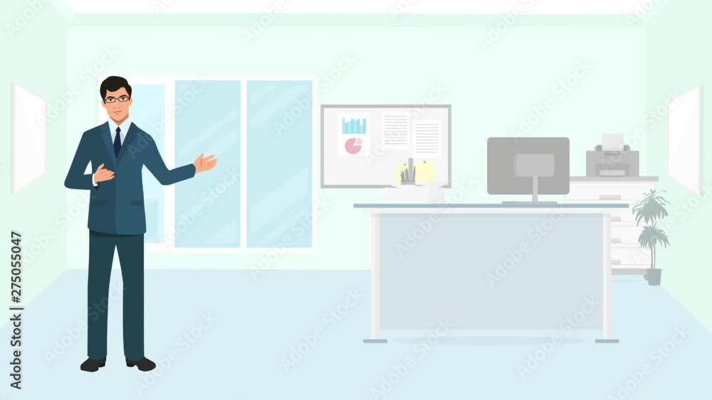 Business Man or Trainer or Team Leader or an Entrepreneur Infographic Animation Cartoon Showing an Empty Office Space Business Man or Trainer or Team Leader or an Entrepreneur Infographic Animation Cartoon Showing an Empty Office Space
