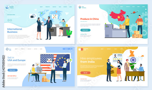 International business vector, sell in usa and europe marketplace and produce in China, hire employees from India, Chinese map with flag parcels with products. Website or app slider, landing page flat