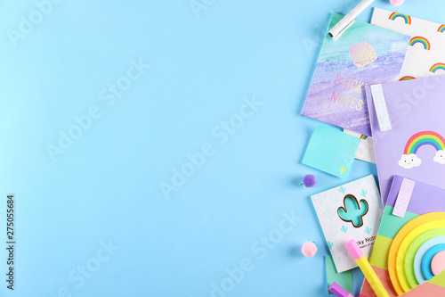 Back to school concept. Set of different school supplies, notebook, pen, accessories on paper textured background. Various scolorful stationery items. Close up, copy space, top view, flat lay.