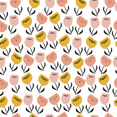 Fototapete Muster im skandinavischen Stil Nahtloses Blumenmuster mit kreativen Pastellblumen im skandinavischen Stil. Schöner Sommertulpenhintergrund für Postkarten, Poster, Stoffe, Vintage-Textilien und mehr. Vektor.  © Knstart Studio