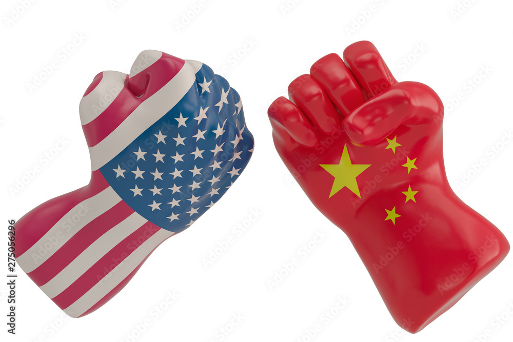 China vs usa punching fists isolated on white background 3D illustration. China vs usa punching fists isolated on white background 3D illustration.