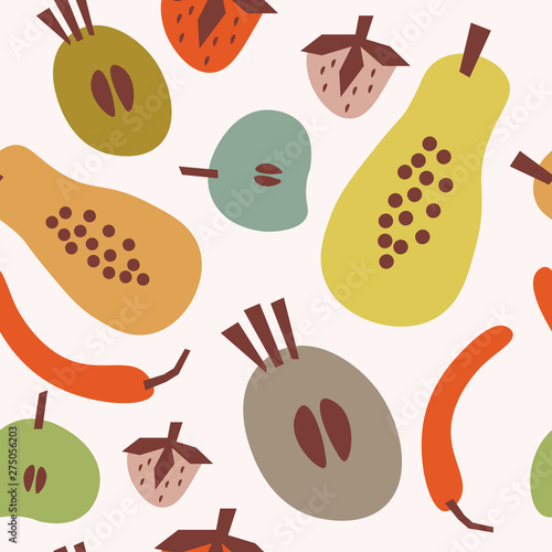 Flat seamless pattern with papaya, red pepper, other fruits and spice. Summer food tropical background. Vector image, clipart.