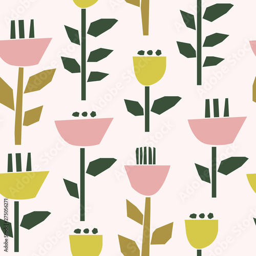 Seamless pattern with stylized applique flowers in scandinavian style. Decorative print for textile, fabric and more. Vector background, clipart.