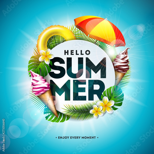Vector Summer Holiday Illustration with Flower and Tropical Palm Leaves on Ocean Blue Background. Typography Letter, Lifebelt, Beach Ball and Surf Board on Paradise Island for Banner, Flyer