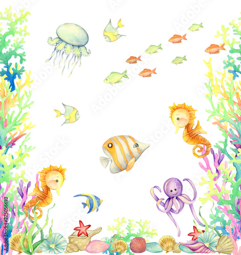 watercolor  underwater world  background  seamless pattern