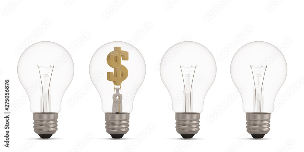 Light bulb and currency symbol isolated on white background 3D illustration. Light bulb and currency symbol isolated on white background 3D illustration.