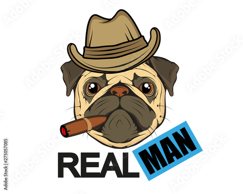 typography slogan real man with pug illustration, used for printing on t shirt, vector graphics to design