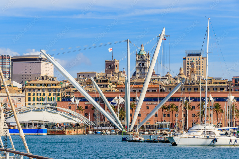 Genoa harbors with panoramic lift situated in the middle of Genoa's Porto, Italy
