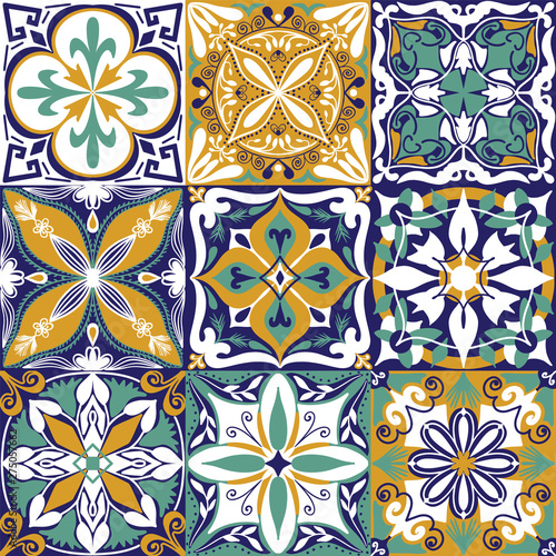 Vector Portuguese Azulejo Tiles Seamless Pattern Background.