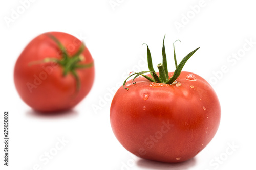 ripe fresh organic tomatoes with drops of dew isolated on white background