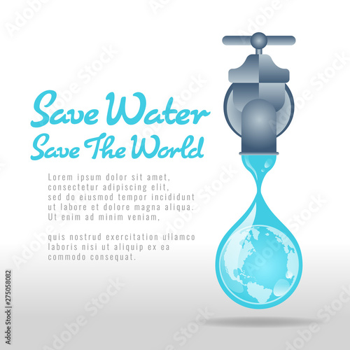 Save water save world banner - water tap  with earth sign in drop water vector design