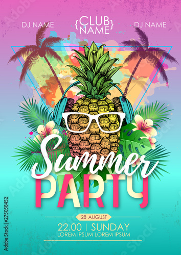 Summer beach party disco poster with pineapple and tropic leaves