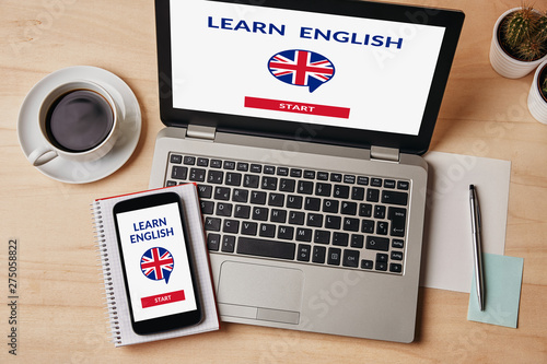 Learn English concept on laptop and smartphone screen