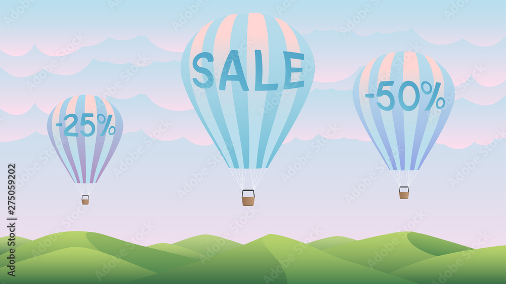 Fototapeta premium Sale 25%, 50% on background nature and air balloons . .Summer banner, website, poster, and sales promotion background set. Vector illustration.