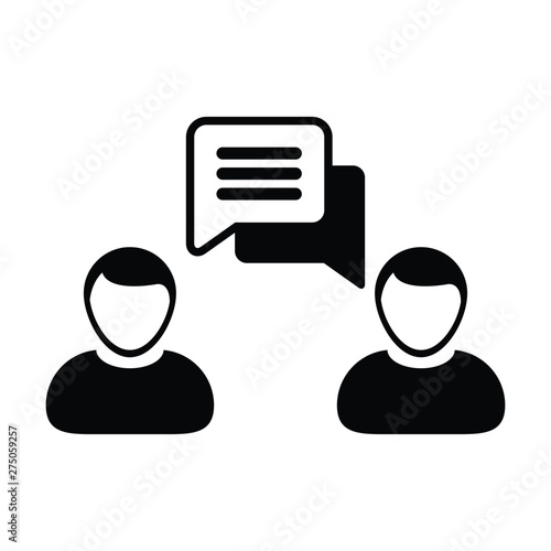 Employee icon vector male person profile avatar with speech bubble symbol for discussion and information in flat color glyph pictogram illustration