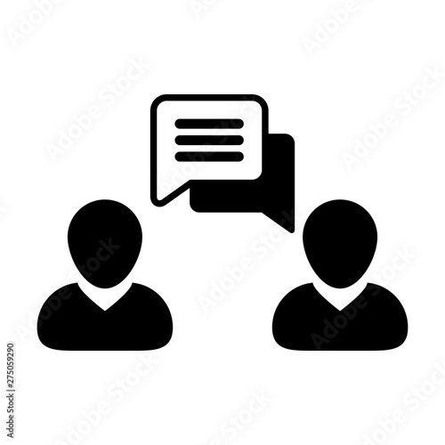 Communication icon vector male person profile avatar with speech bubble symbol for discussion and information in flat color glyph pictogram illustration