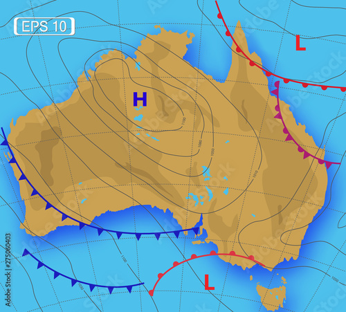 Weather forecast of Australia. Meteorological weather map of the AUSTRALIA. Realistic synoptic map with aditable generic map showing isobars and weather fronts. Topography and physical map.