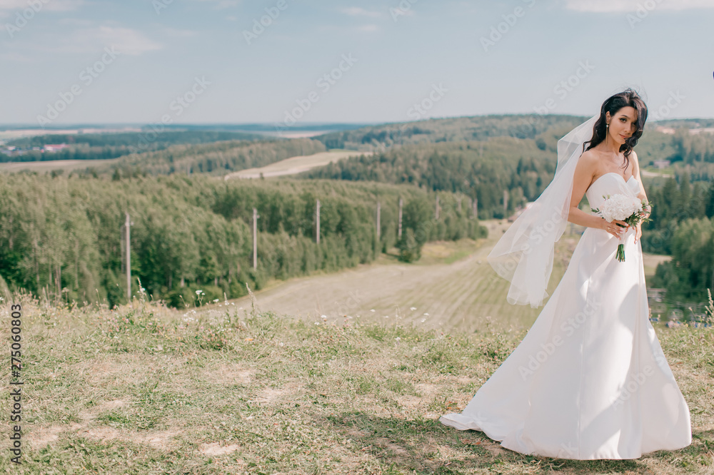 Young beautiful bride in white wedding dress posing on a hill at nature. Young beautiful bride in white wedding dress posing on a hill at nature.